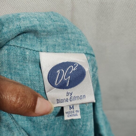 Vtg DG2 Diane Gilman Linen Button Up Top Size M Green Sleeveless Sheer Hi Low - Picture 5 of 7